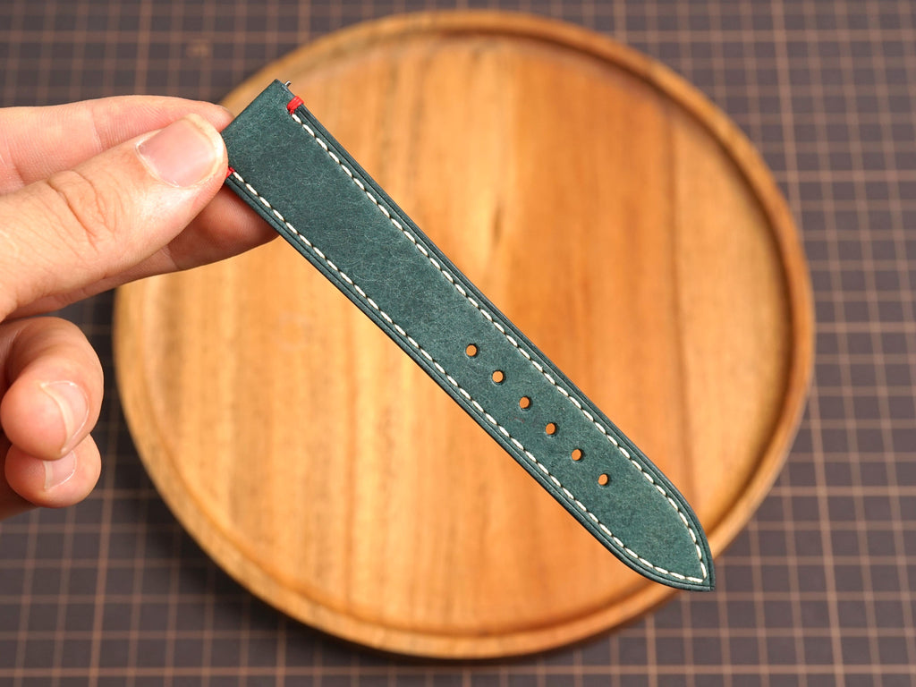 Bespoke Dark Green Pueblo Leather Watch Strap for Vintage Watches with Red Accent