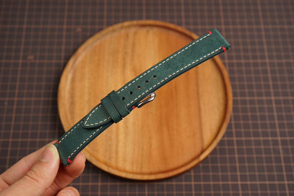 Bespoke Dark Green Pueblo Leather Watch Strap for Vintage Watches with Red Accent