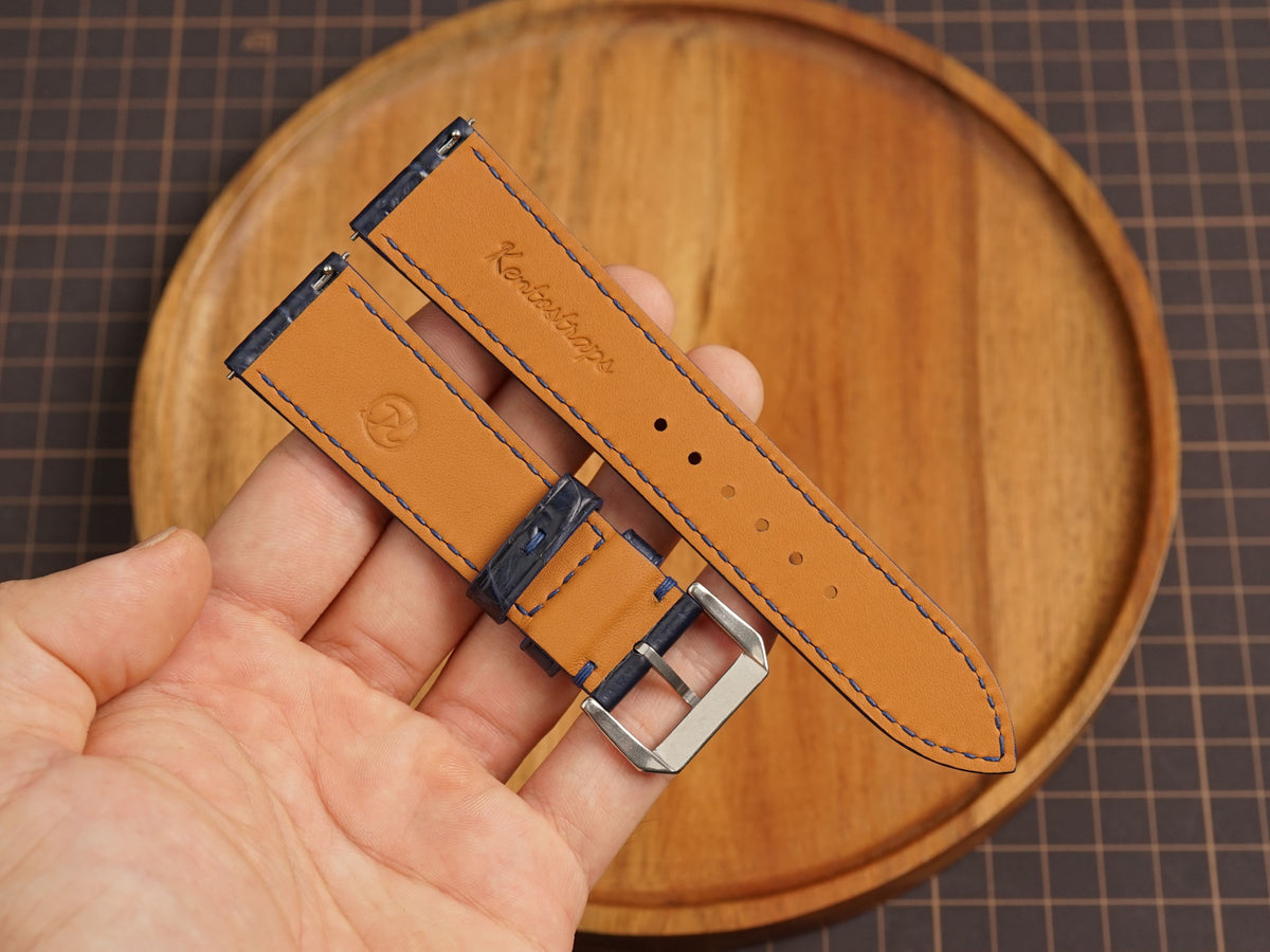 Bespoke Dark Navy Alligator Leather Watch Strap, Flat Design, Dress Watch Band