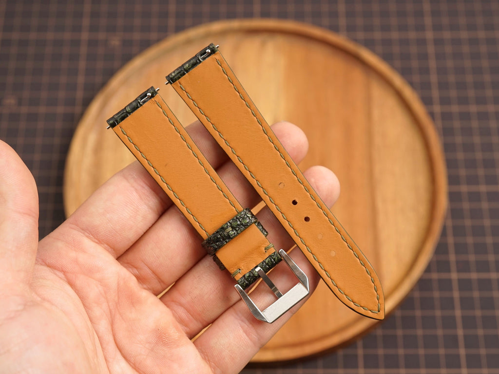 Bespoke Dark Olive Glossy Lizard Leather Watch Strap, Dress Watch Band