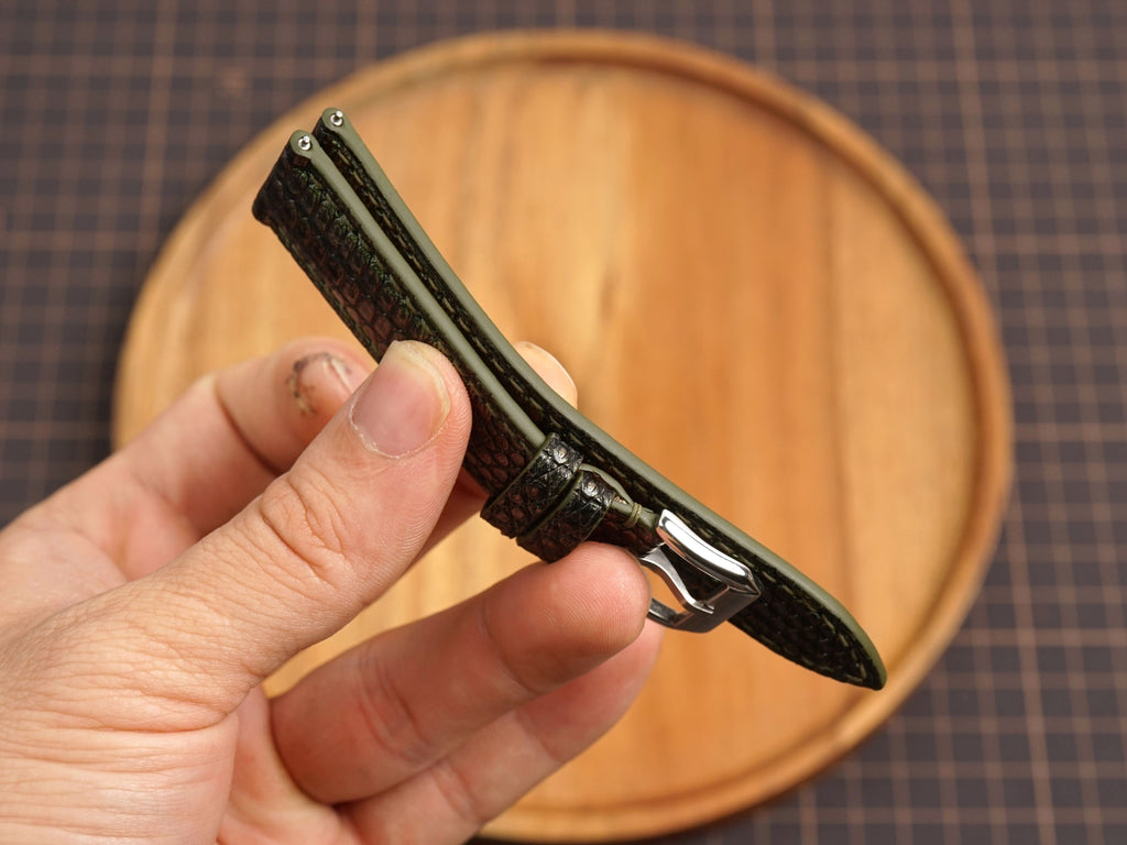 Bespoke Dark Olive Glossy Lizard Leather Watch Strap, Dress Watch Band