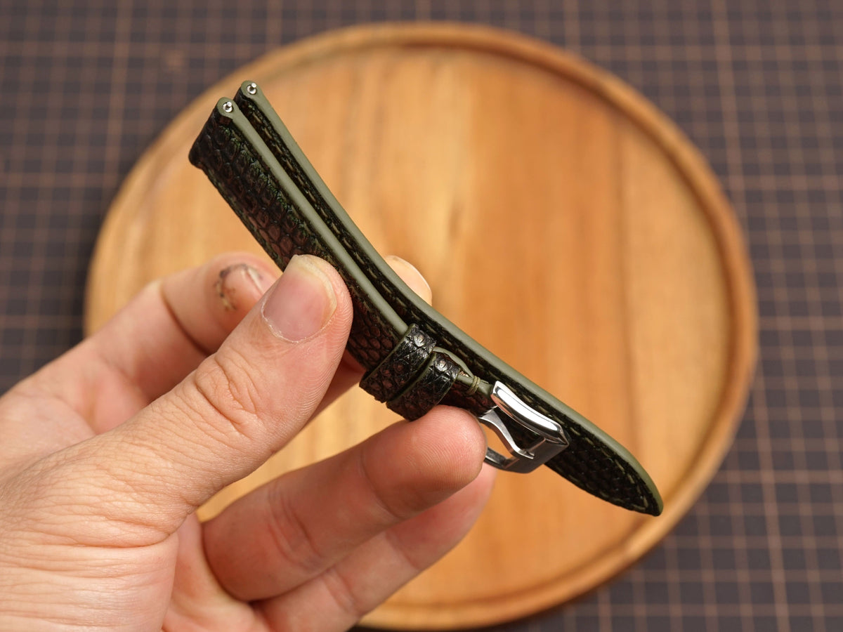 Bespoke Dark Olive Glossy Lizard Leather Watch Strap, Dress Watch Band
