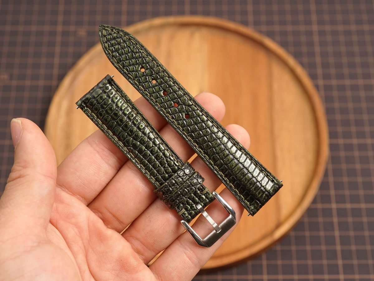 Bespoke Dark Olive Glossy Lizard Leather Watch Strap, Dress Watch Band
