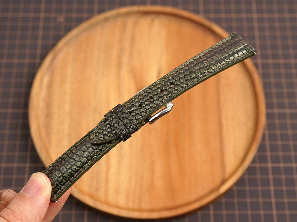 Bespoke Dark Olive Glossy Lizard Leather Watch Strap, Dress Watch Band