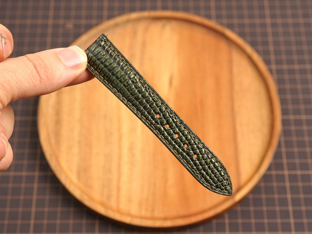 Bespoke Dark Olive Glossy Lizard Leather Watch Strap, Dress Watch Band