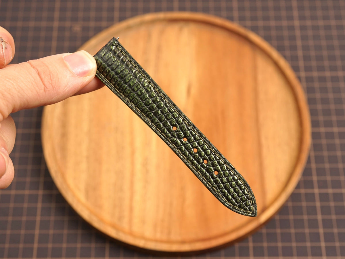 Bespoke Dark Olive Glossy Lizard Leather Watch Strap, Dress Watch Band