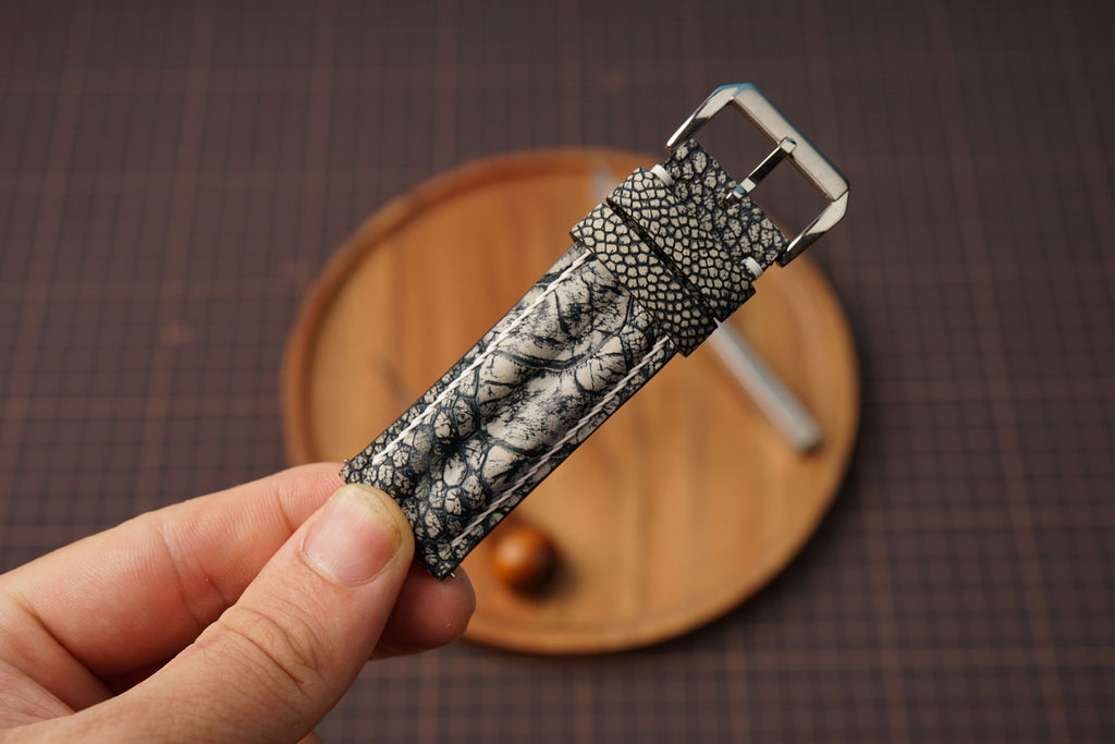 Bespoke Double Padded Navy Gray Ostrich Leather Watch Strap