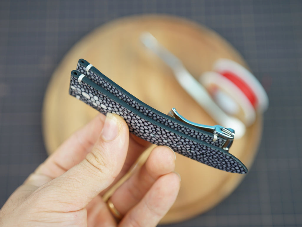 Bespoke Double Pearl Black Stingray Leather Watch Strap for Omega with Deployant Clasp
