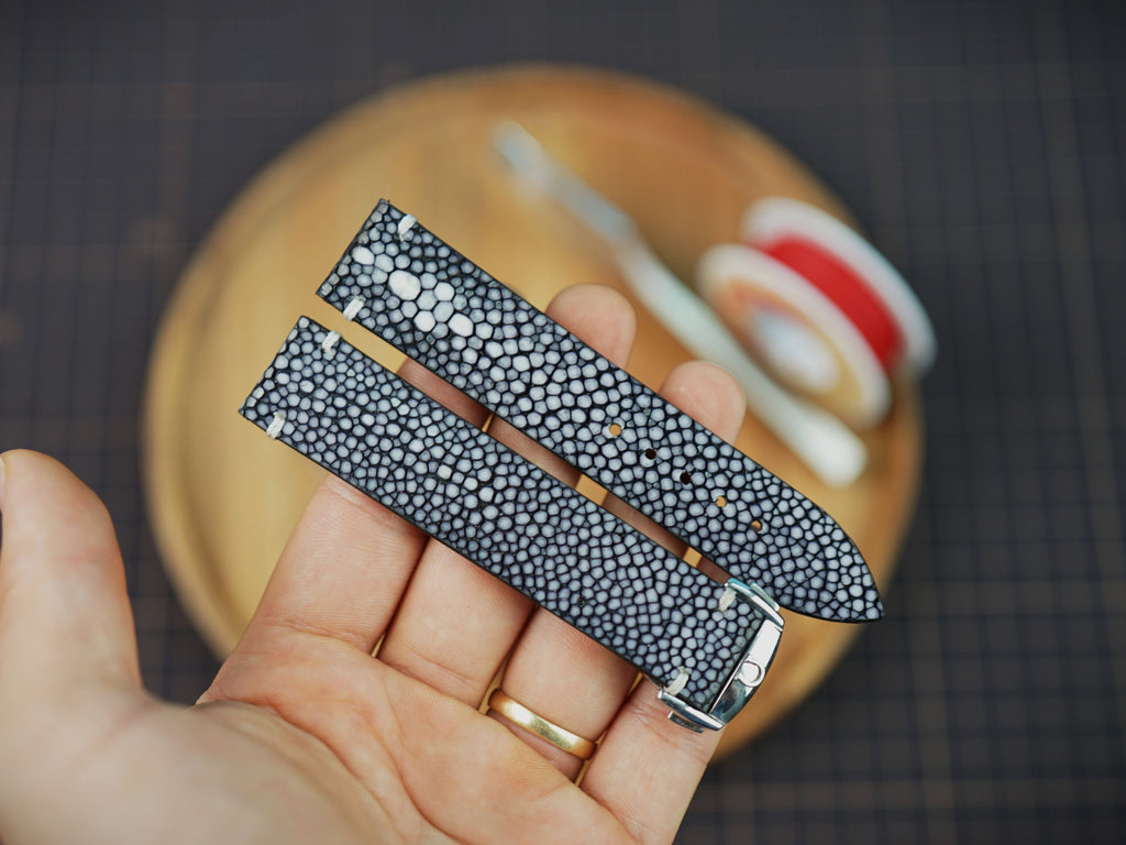 Bespoke Double Pearl Black Stingray Leather Watch Strap for Omega with Deployant Clasp