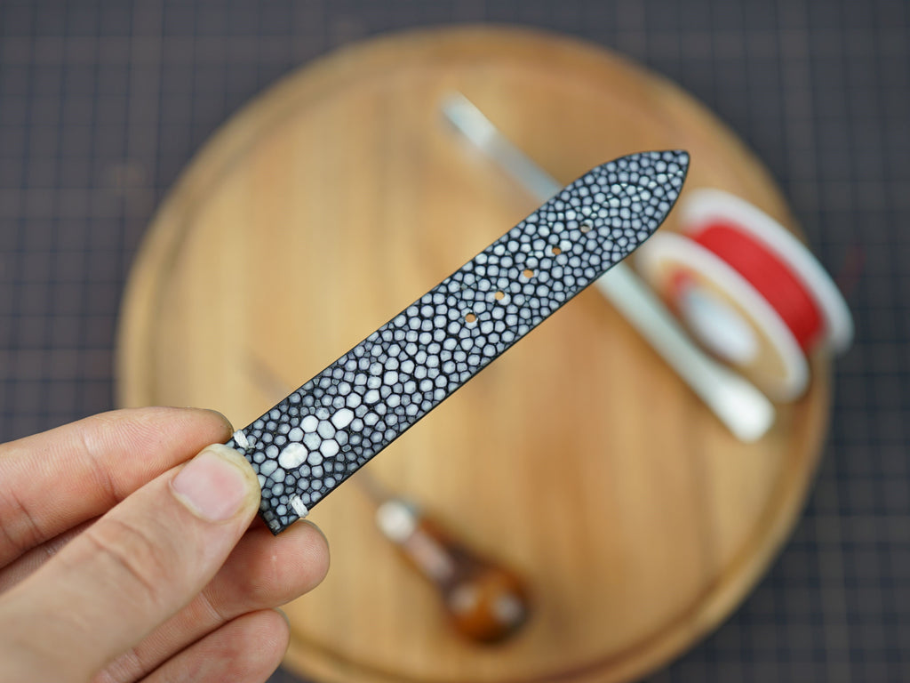 Bespoke Double Pearl Black Stingray Leather Watch Strap for Omega with Deployant Clasp