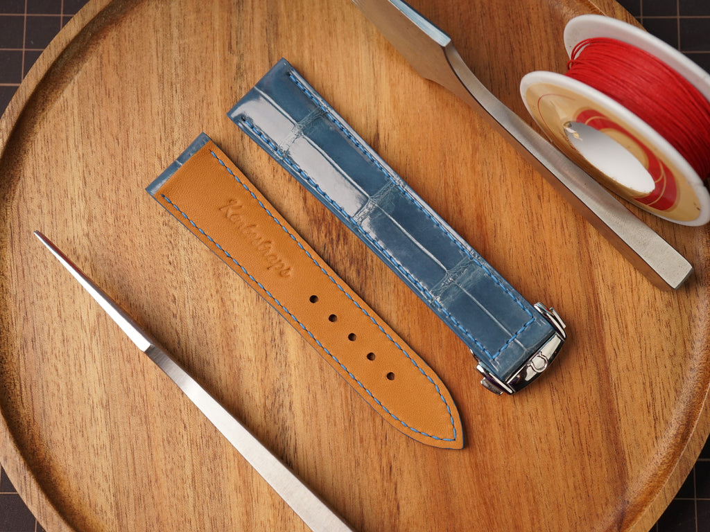 Bespoke Glossy Blue Alligator Leather Watch Strap for Omega with Deployant Clasp