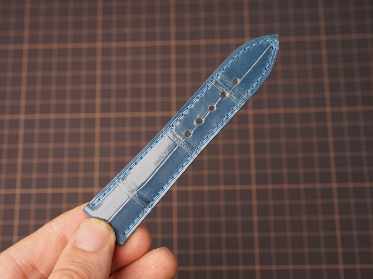 Bespoke Glossy Blue Alligator Leather Watch Strap for Omega with Deployant Clasp