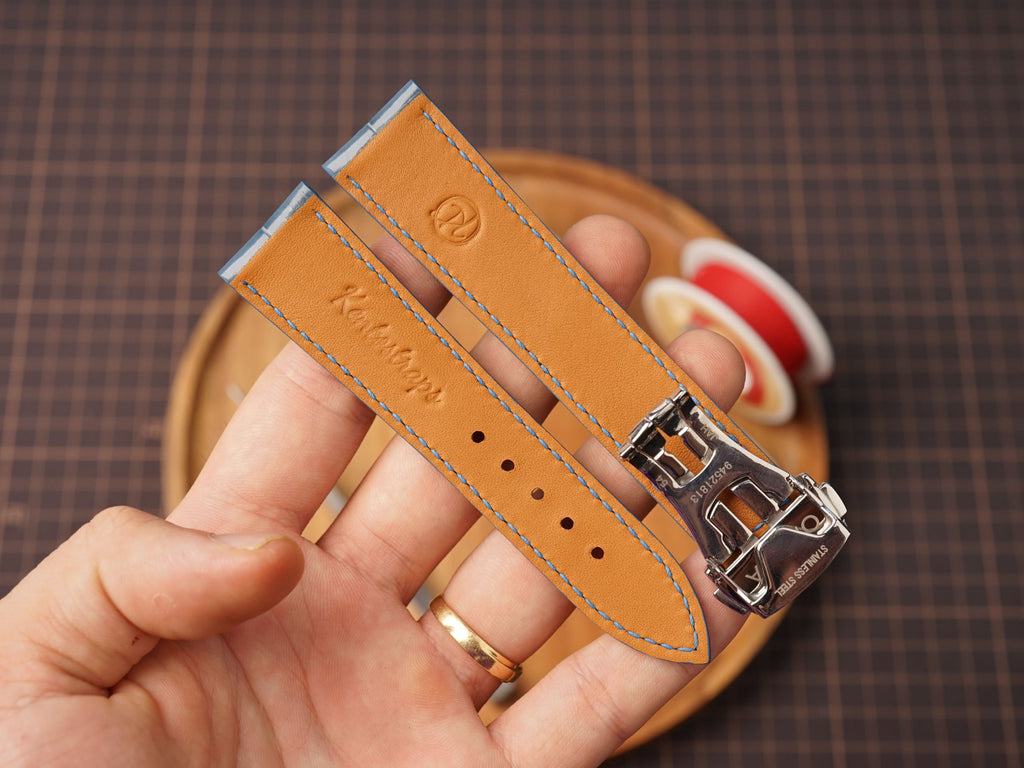 Bespoke Glossy Blue Alligator Leather Watch Strap for Omega with Deployant Clasp