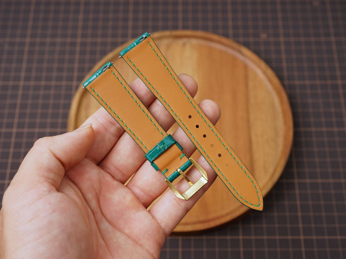 Bespoke Glossy Dark Green Alligator Leather Watch Strap, Dress Watch Strap