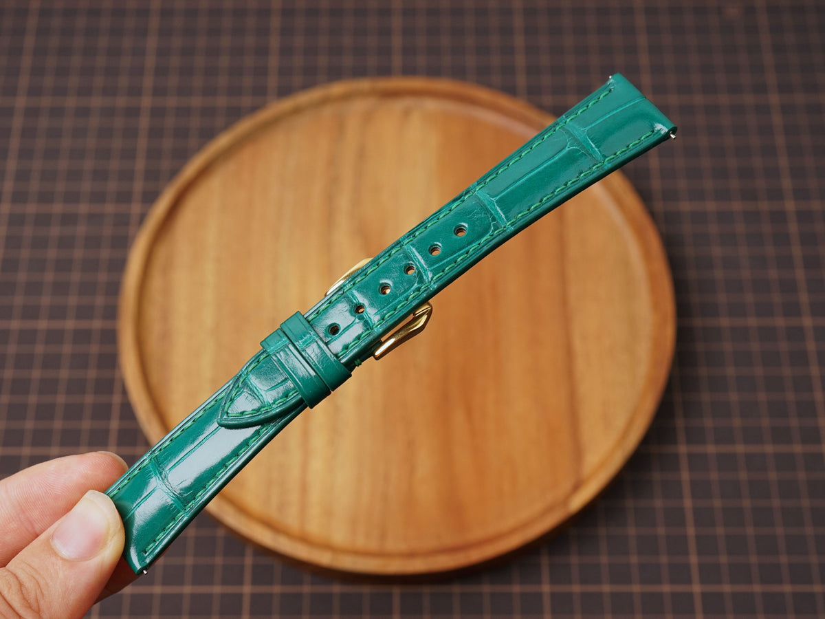 Bespoke Glossy Dark Green Alligator Leather Watch Strap, Dress Watch Strap