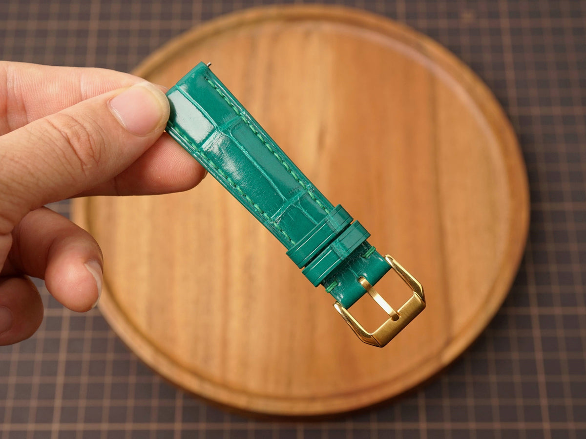 Bespoke Glossy Dark Green Alligator Leather Watch Strap, Dress Watch Strap