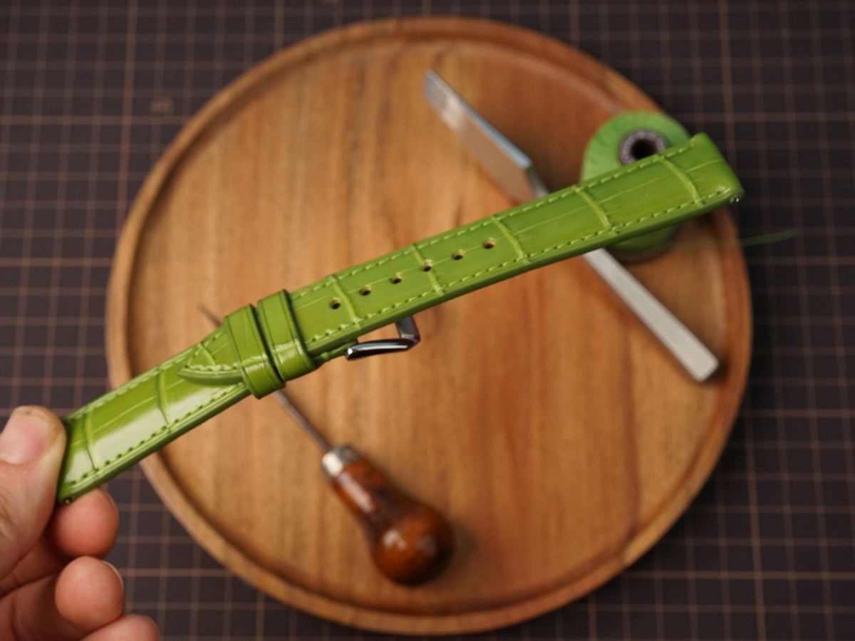 Bespoke Lime Green Glossy Alligator Leather Watch Strap, Dress Watch Band