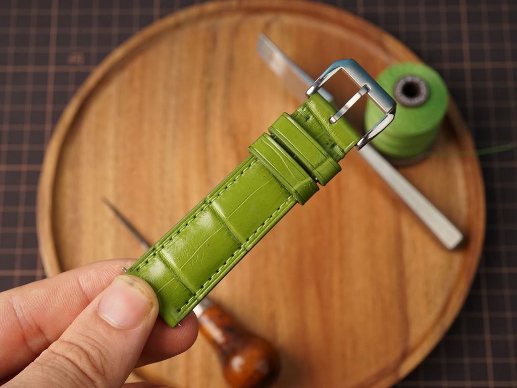 Bespoke Lime Green Glossy Alligator Leather Watch Strap, Dress Watch Band
