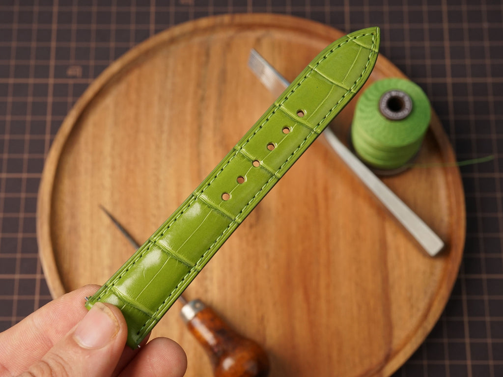 Bespoke Lime Green Glossy Alligator Leather Watch Strap, Dress Watch Band