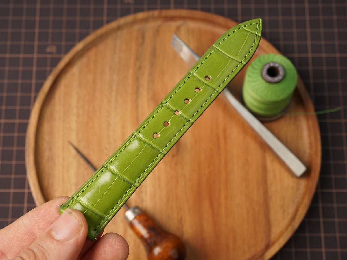Bespoke Lime Green Glossy Alligator Leather Watch Strap, Dress Watch Band