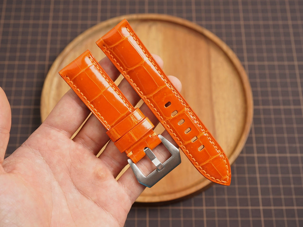 Bespoke Glossy Orange Alligator Leather Watch Strap for Panerai 20/22/24/26/27mm