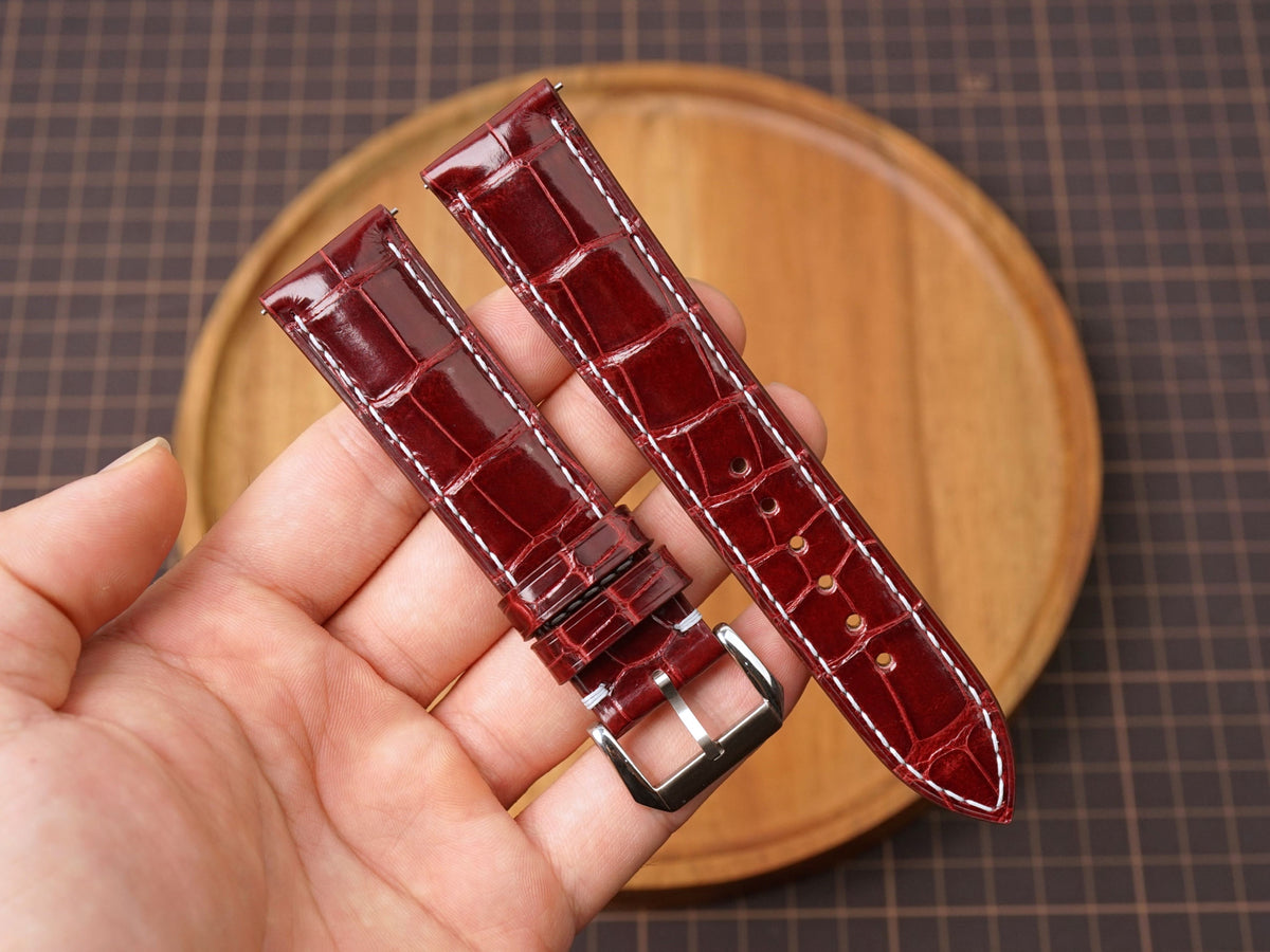 Bespoke Oxblood Burgundy Alligator Leather Watch Strap, Dress Watch Band