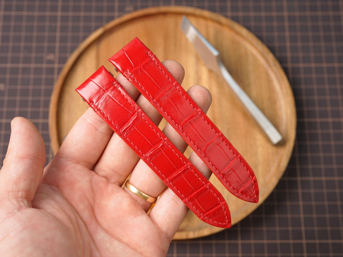 Bespoke Red Glossy Alligator Leather Watch Strap for Cartier Santos, Roadster, Dumont