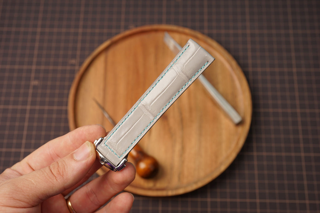 Bespoke Light Gray Alligator Leather Watch Strap for Omega with Deployant Clasp