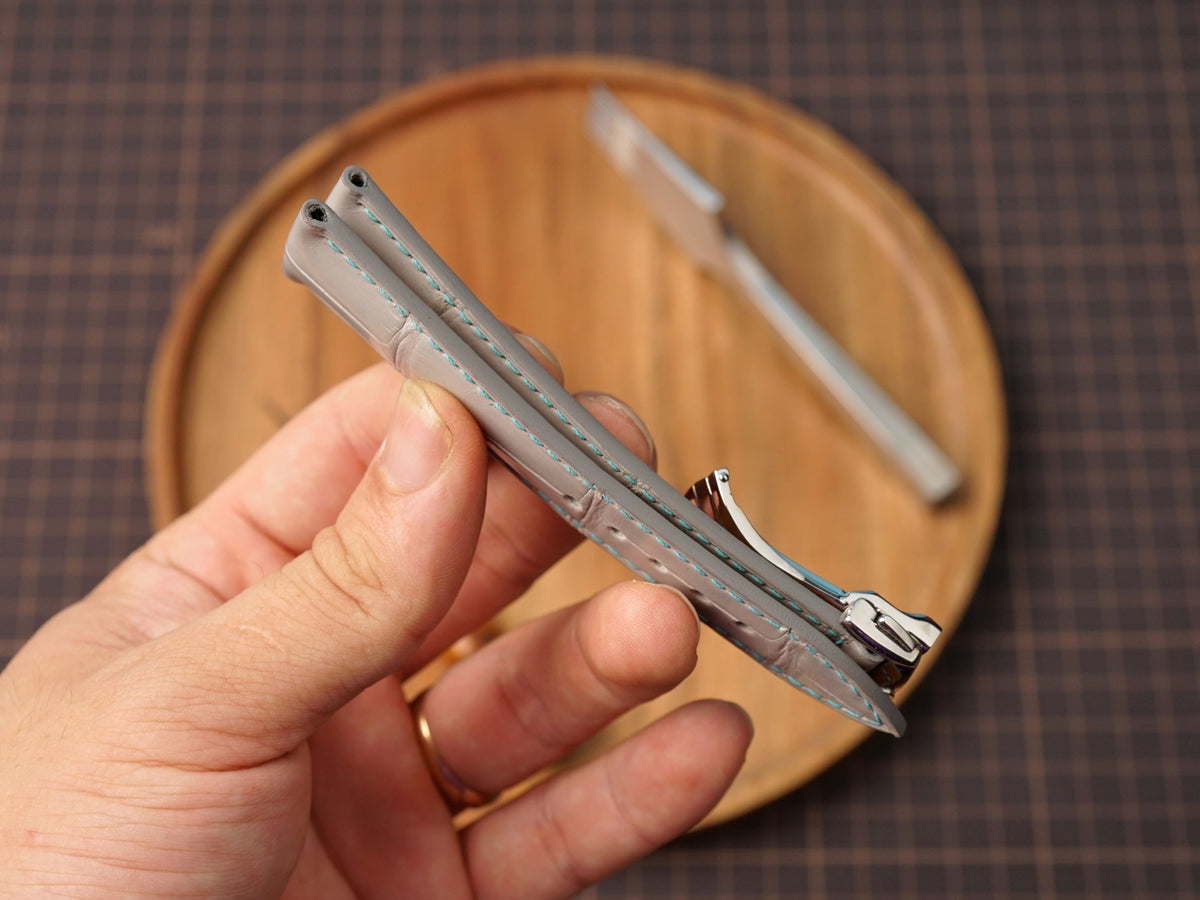 Bespoke Light Gray Alligator Leather Watch Strap for Omega with Deployant Clasp