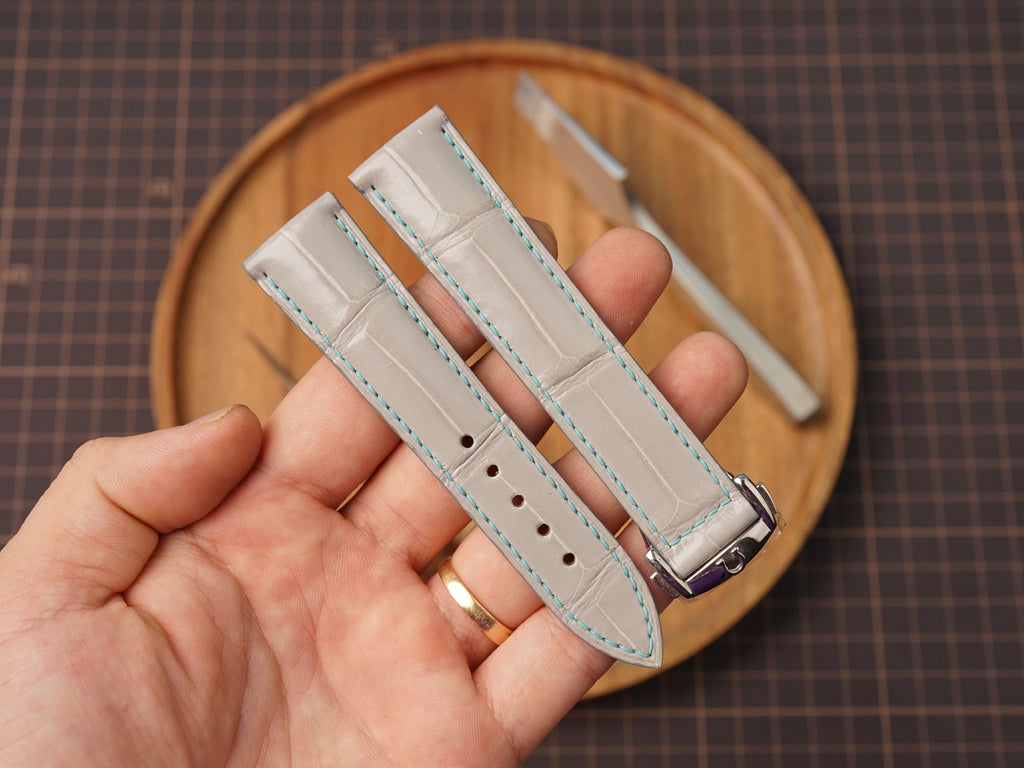 Bespoke Light Gray Alligator Leather Watch Strap for Omega with Deployant Clasp