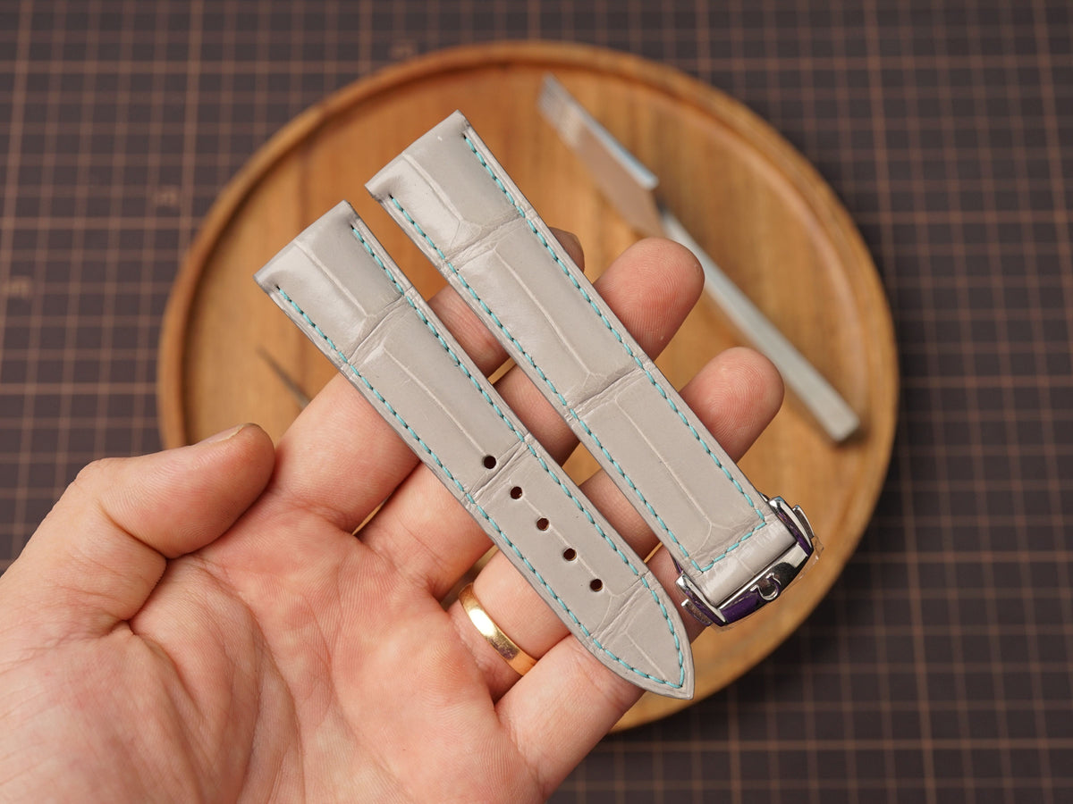Bespoke Light Gray Alligator Leather Watch Strap for Omega with Deployant Clasp