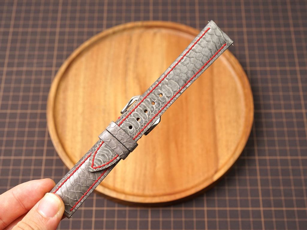 Bespoke Gray Chicken Leg Leather Watch Strap with Twist Red Stitching, Dress Watch Band