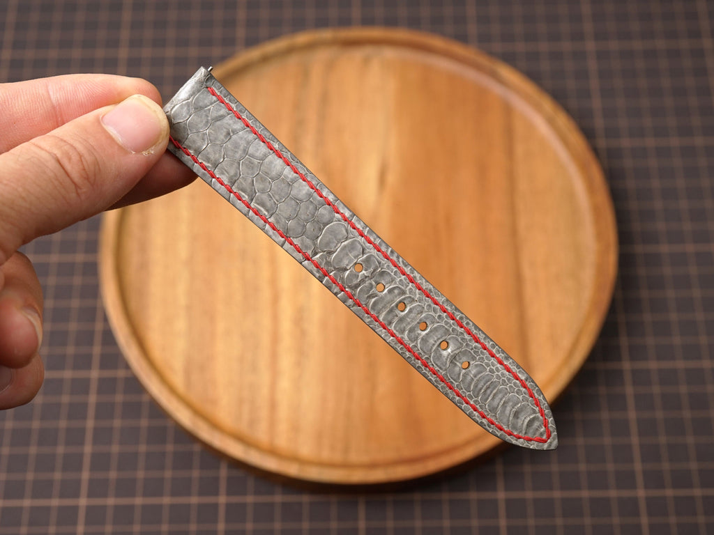Bespoke Gray Chicken Leg Leather Watch Strap with Twist Red Stitching, Dress Watch Band