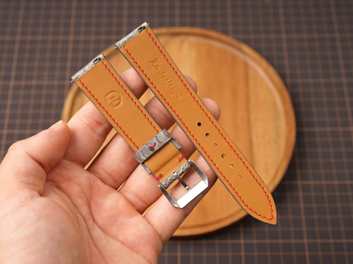 Bespoke Gray Chicken Leg Leather Watch Strap with Twist Red Stitching, Dress Watch Band