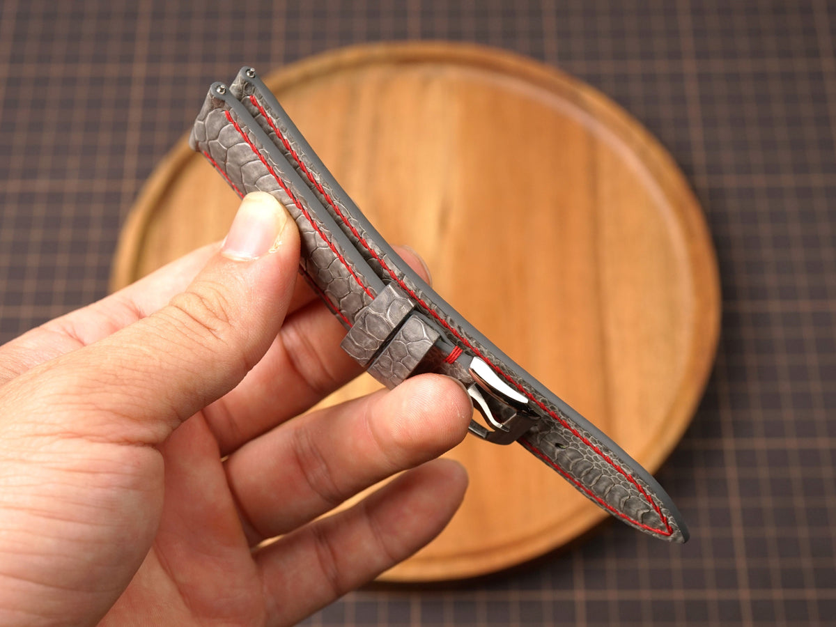 Bespoke Gray Chicken Leg Leather Watch Strap with Twist Red Stitching, Dress Watch Band