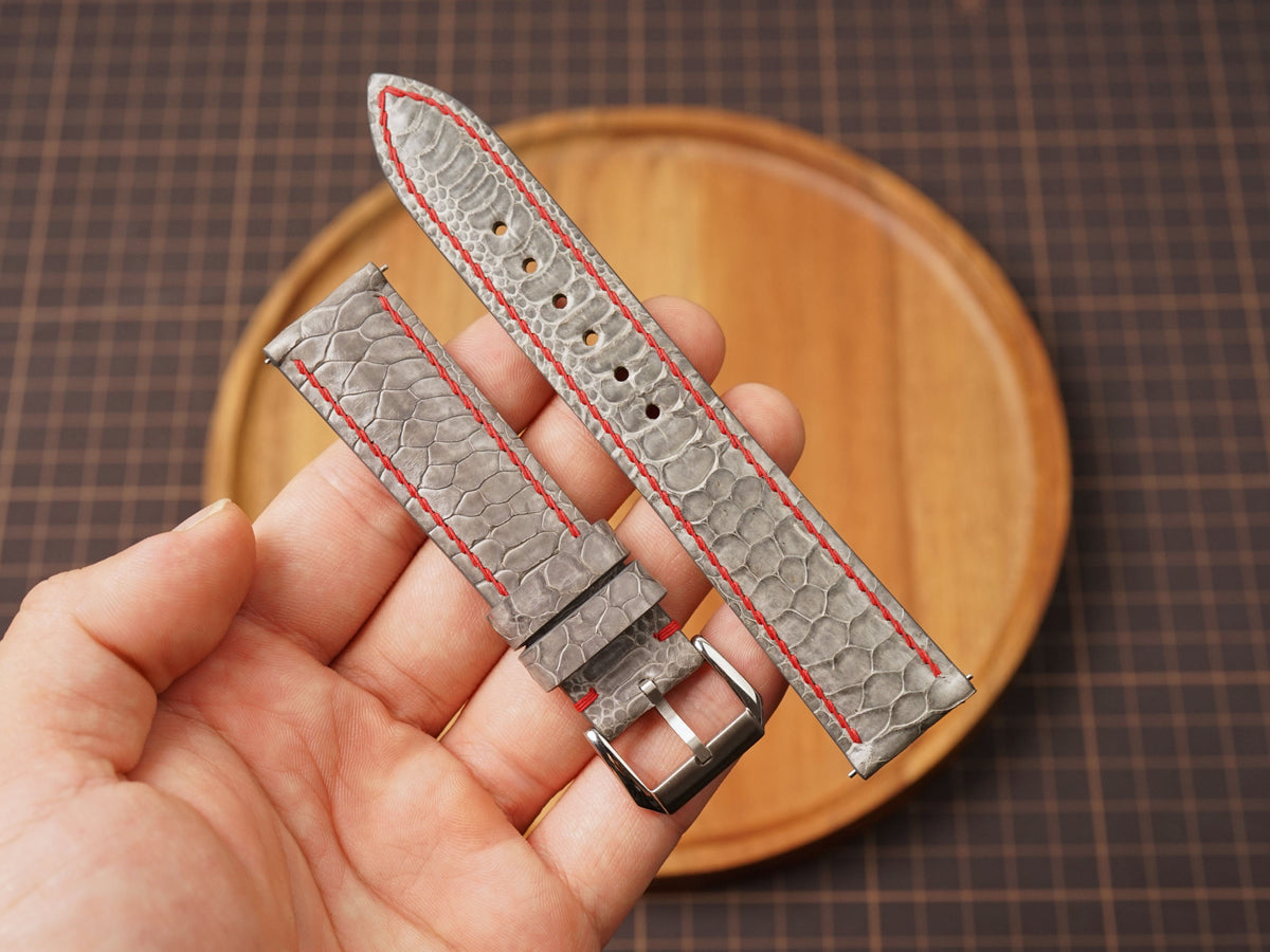 Bespoke Gray Chicken Leg Leather Watch Strap with Twist Red Stitching, Dress Watch Band