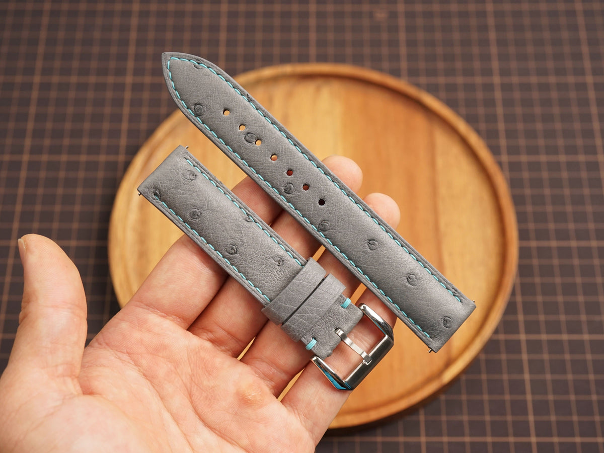 Bespoke Gray Ostrich Leather Watch Strap with Blue Stitching, Dress Watch Band