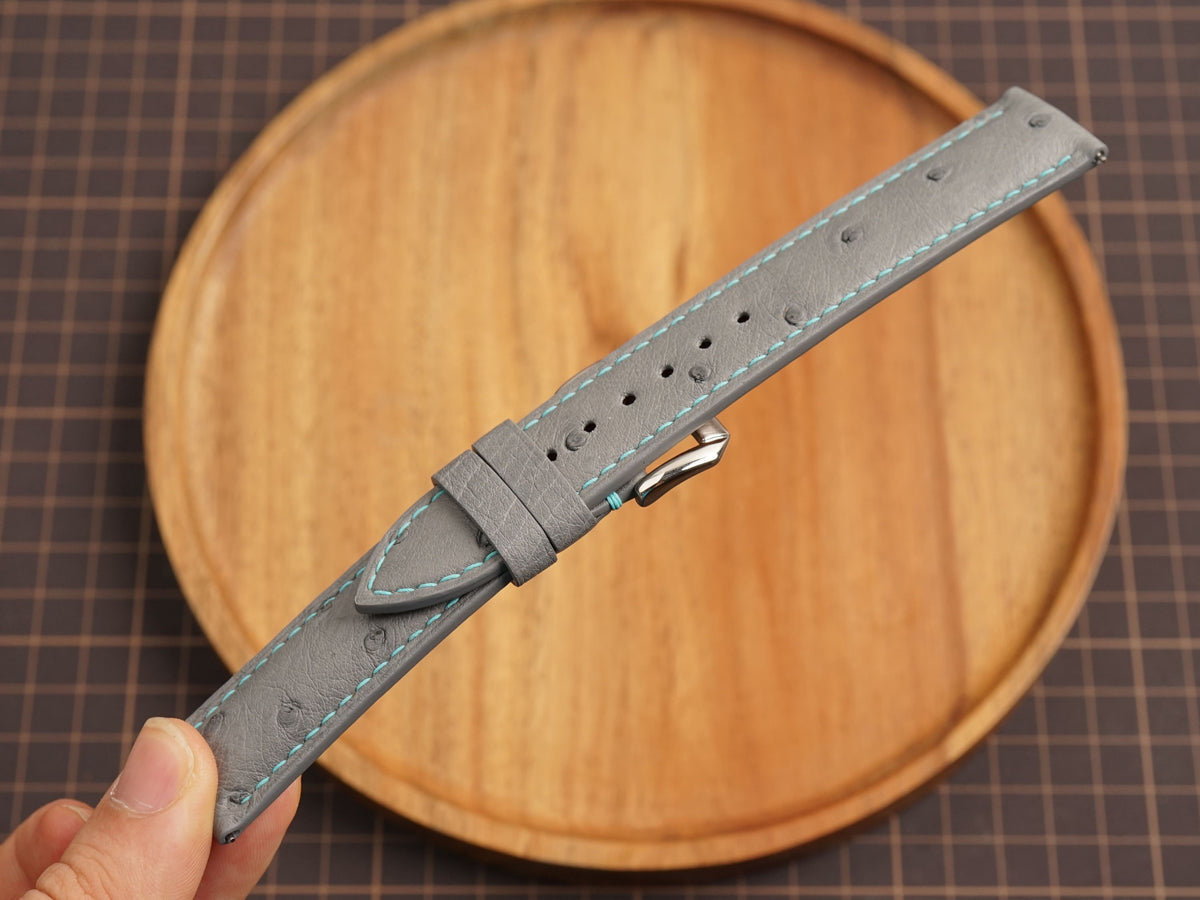 Bespoke Gray Ostrich Leather Watch Strap with Blue Stitching, Dress Watch Band