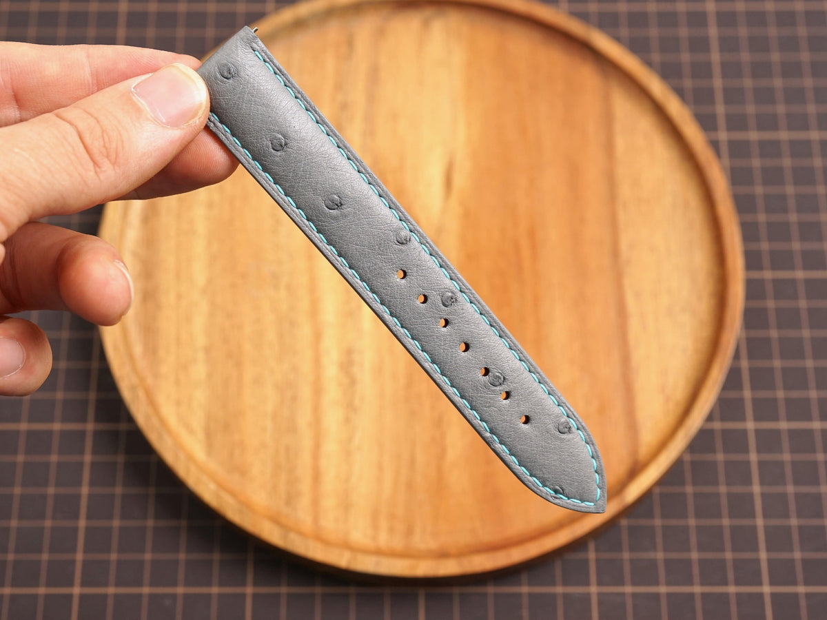 Bespoke Gray Ostrich Leather Watch Strap with Blue Stitching, Dress Watch Band