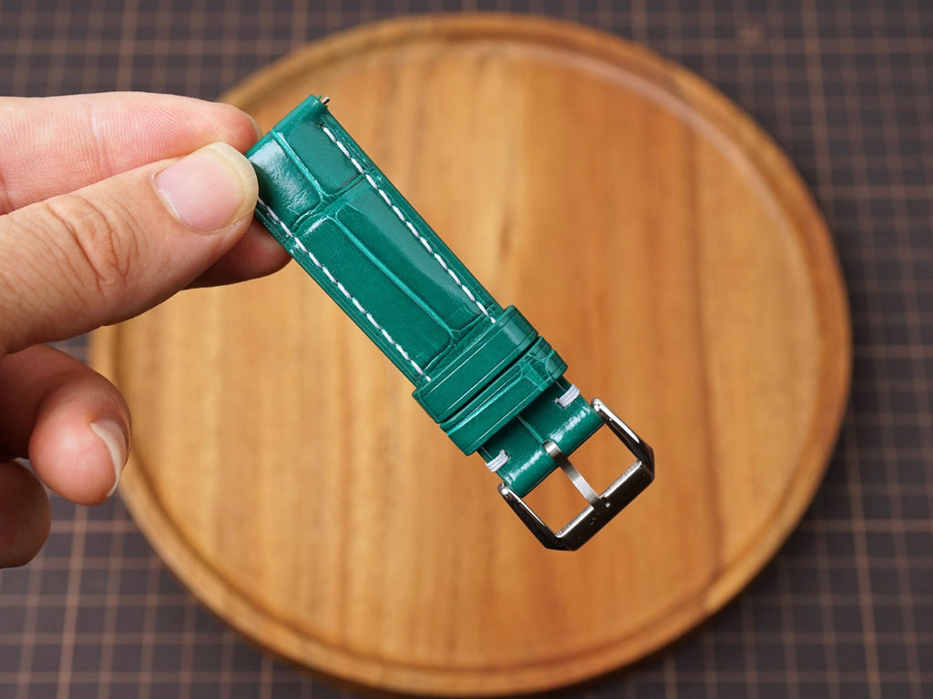 Bespoke Green Alligator Leather Watch Strap with White Stitching, Dress Watch Band