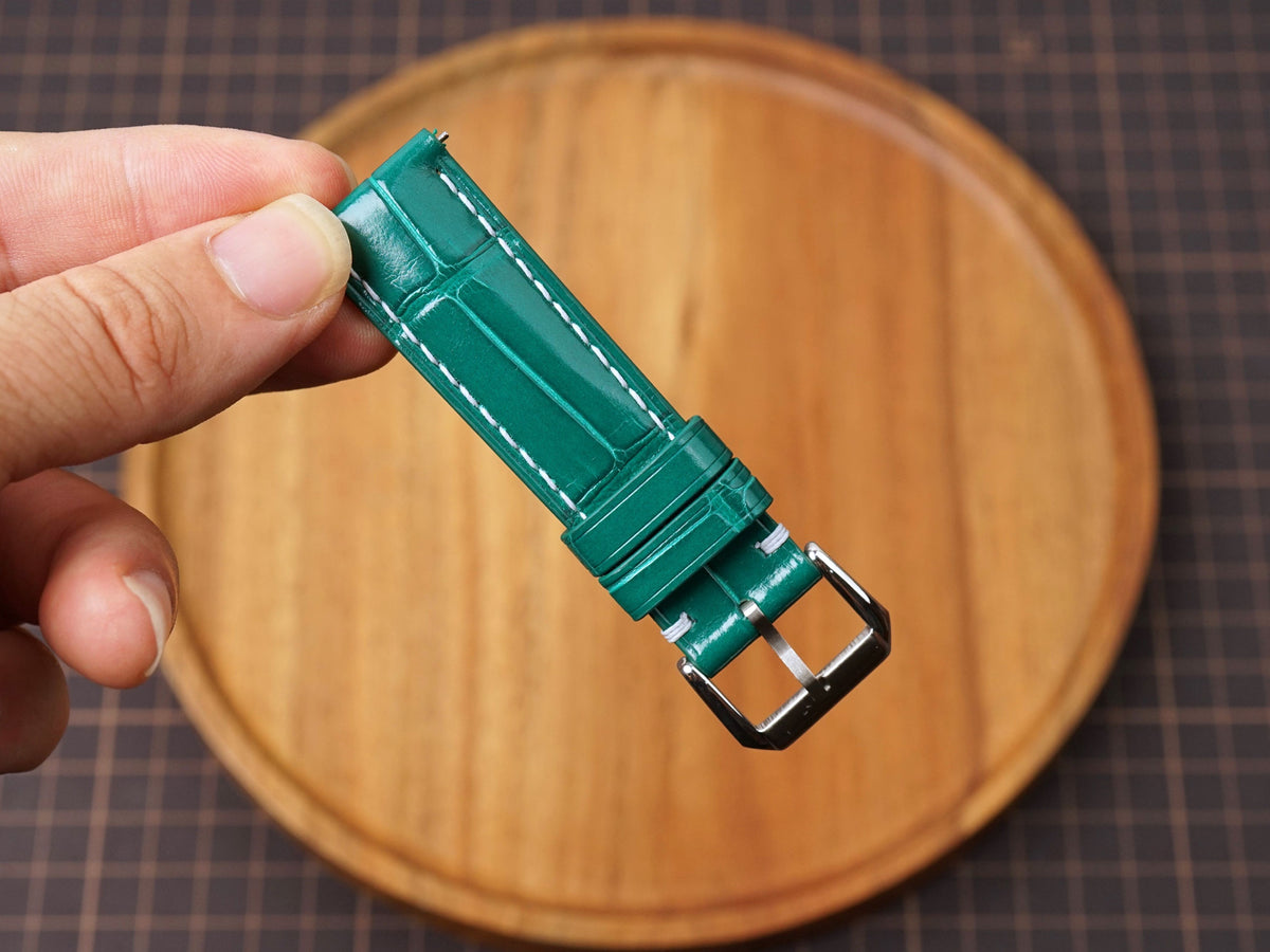 Bespoke Green Alligator Leather Watch Strap with White Stitching, Dress Watch Band