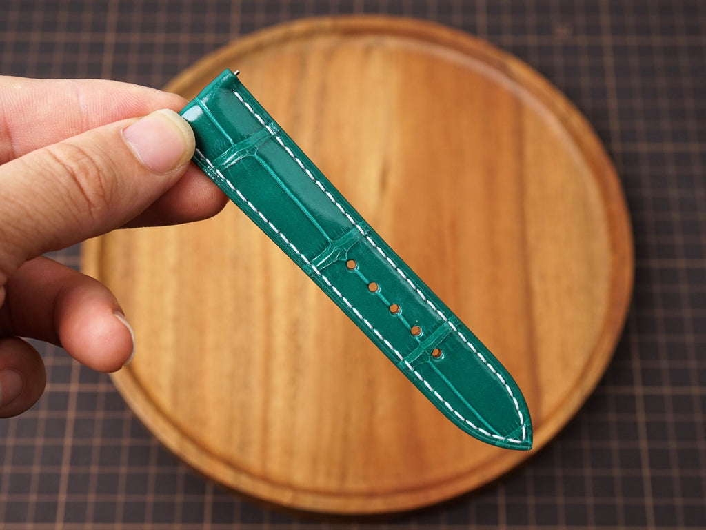Bespoke Green Alligator Leather Watch Strap with White Stitching, Dress Watch Band