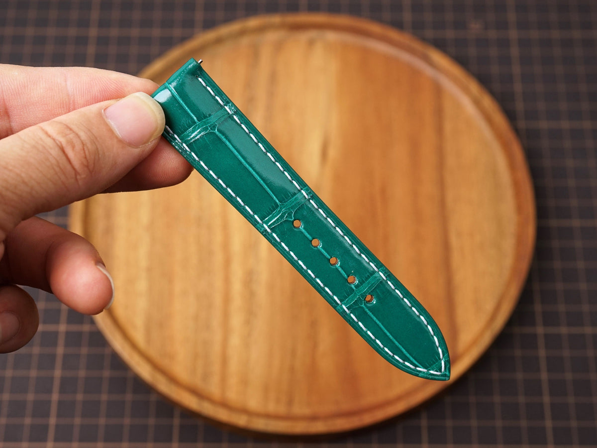Bespoke Green Alligator Leather Watch Strap with White Stitching, Dress Watch Band