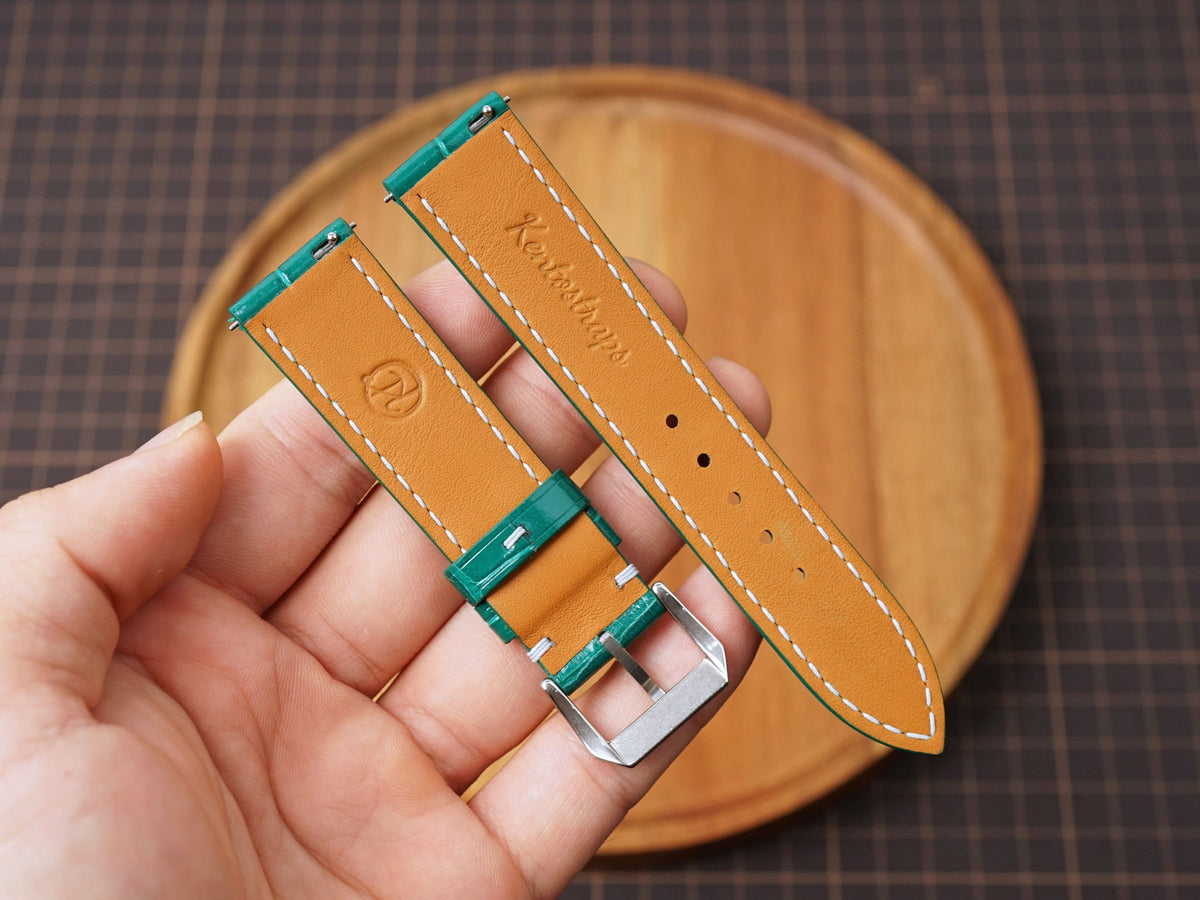 Bespoke Green Alligator Leather Watch Strap with White Stitching, Dress Watch Band