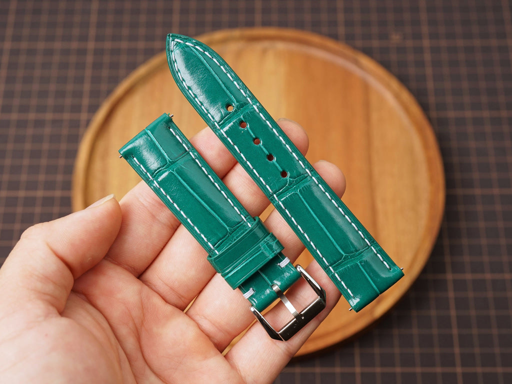 Bespoke Green Alligator Leather Watch Strap with White Stitching, Dress Watch Band