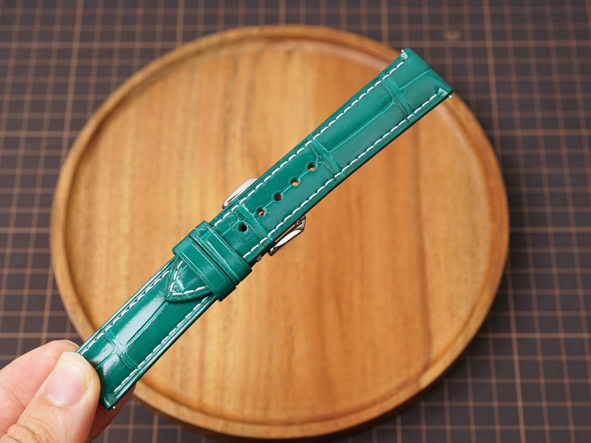 Bespoke Green Alligator Leather Watch Strap with White Stitching, Dress Watch Band