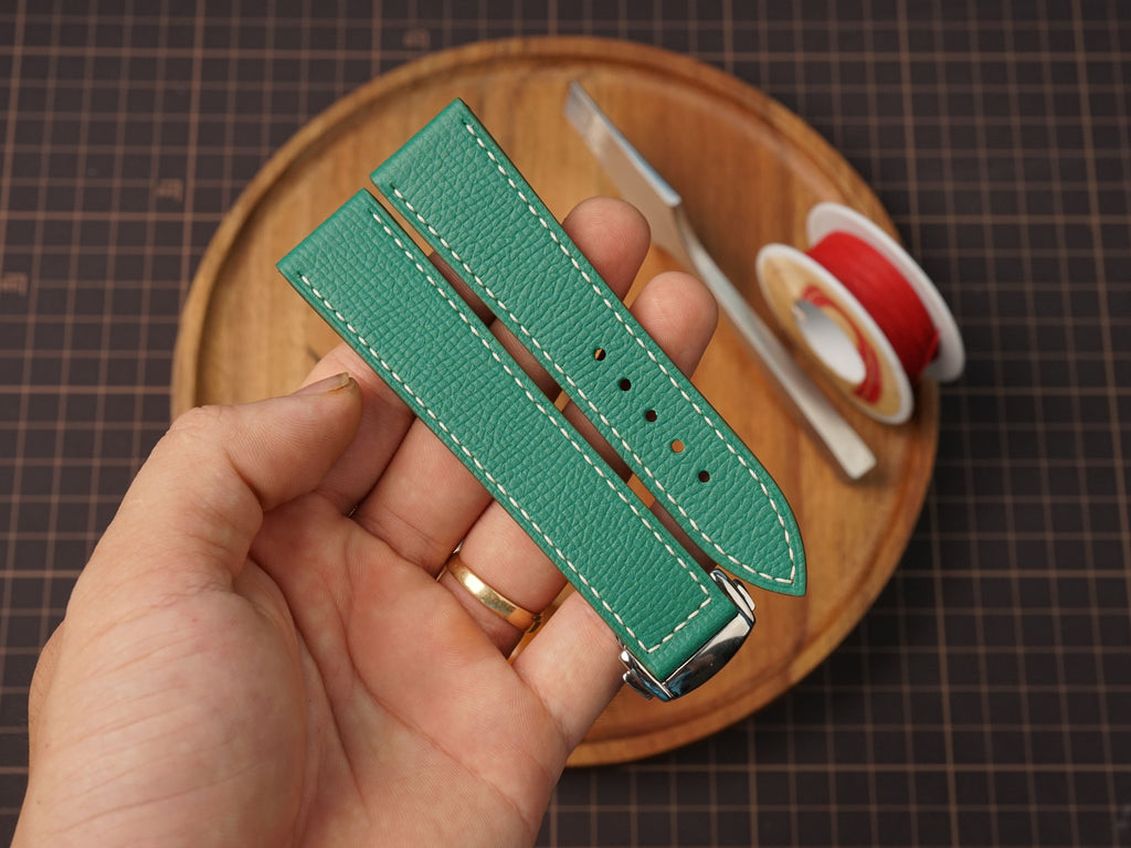 Bespoke Green Epsom Leather Watch Strap for Omega with Deployant Clasp