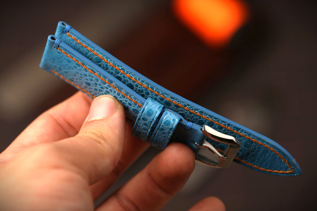 Bespoke Light Blue Toad Leather Watch Strap with Orange Thread