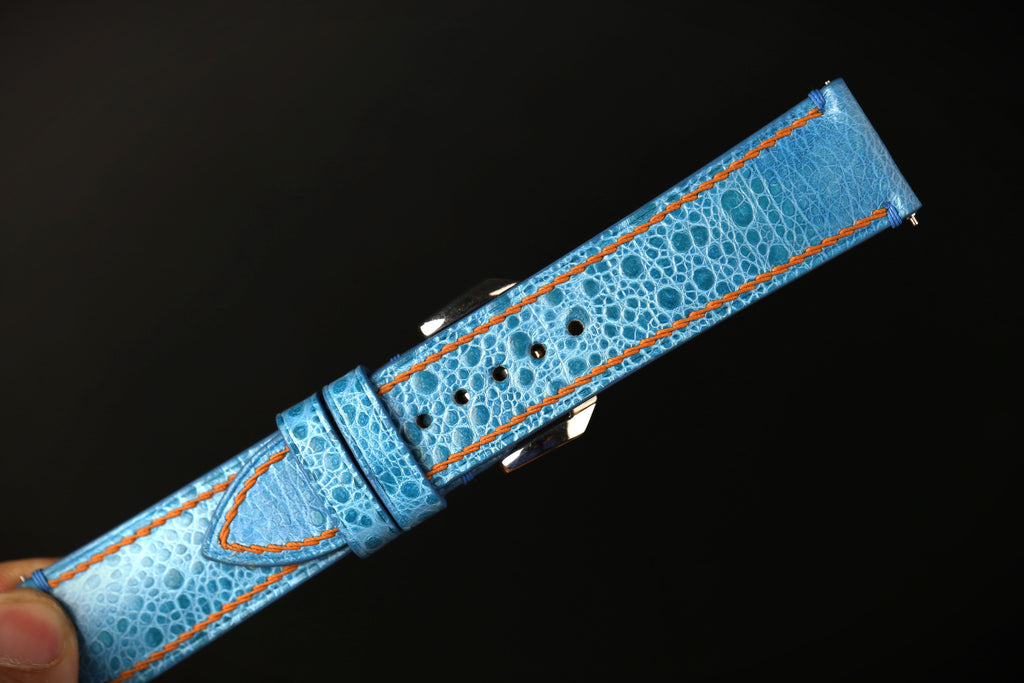 Bespoke Light Blue Toad Leather Watch Strap with Orange Thread