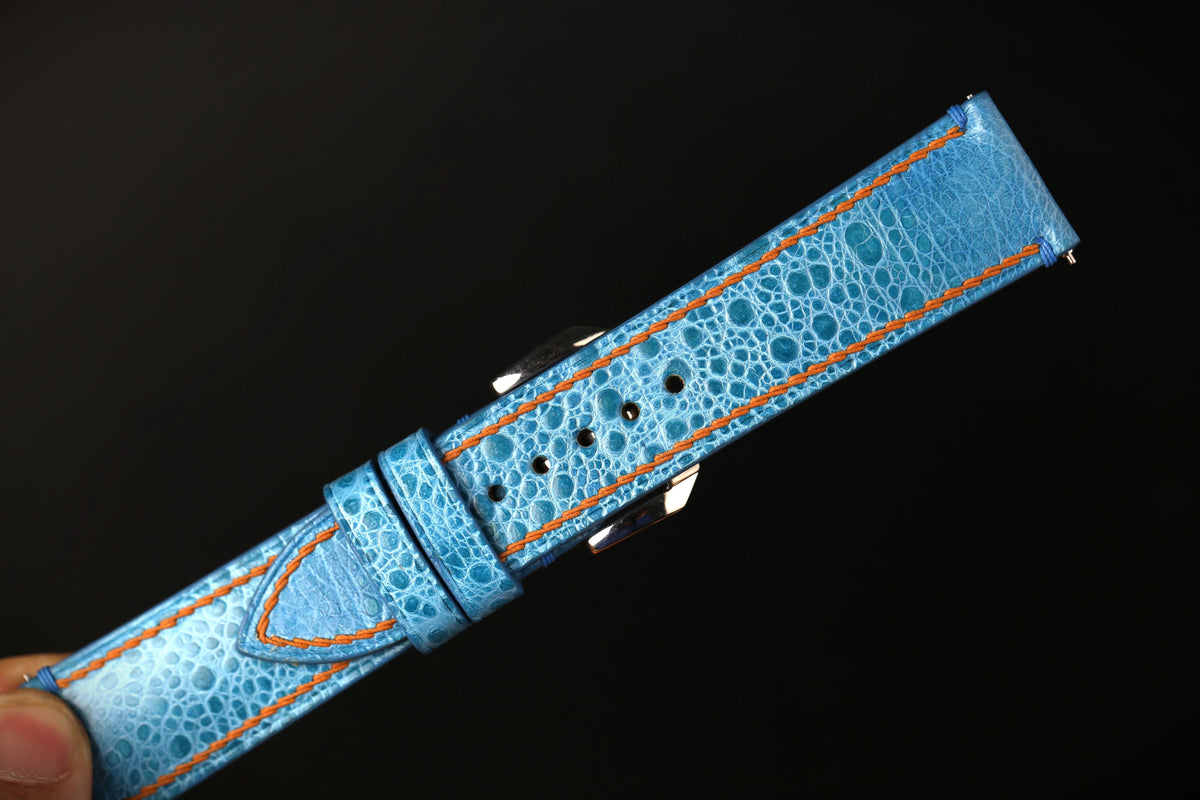 Bespoke Light Blue Toad Leather Watch Strap with Orange Thread